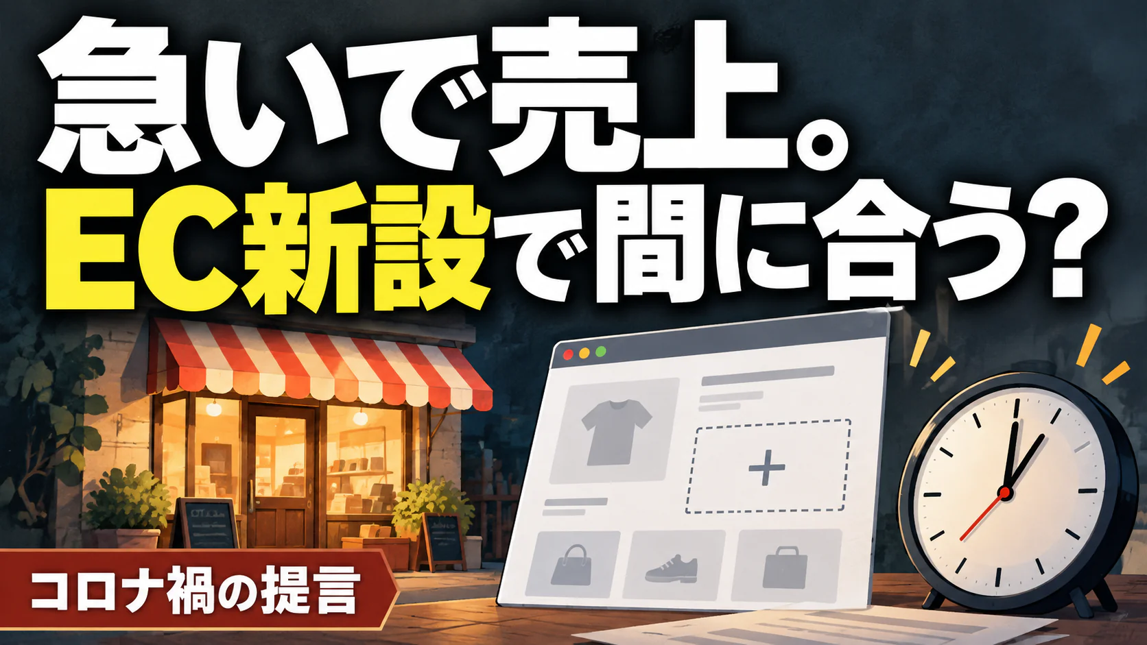 急いで売上。 EC新設で間に合う？。記事テーマを表すイラスト。コロナ禍の提言。
